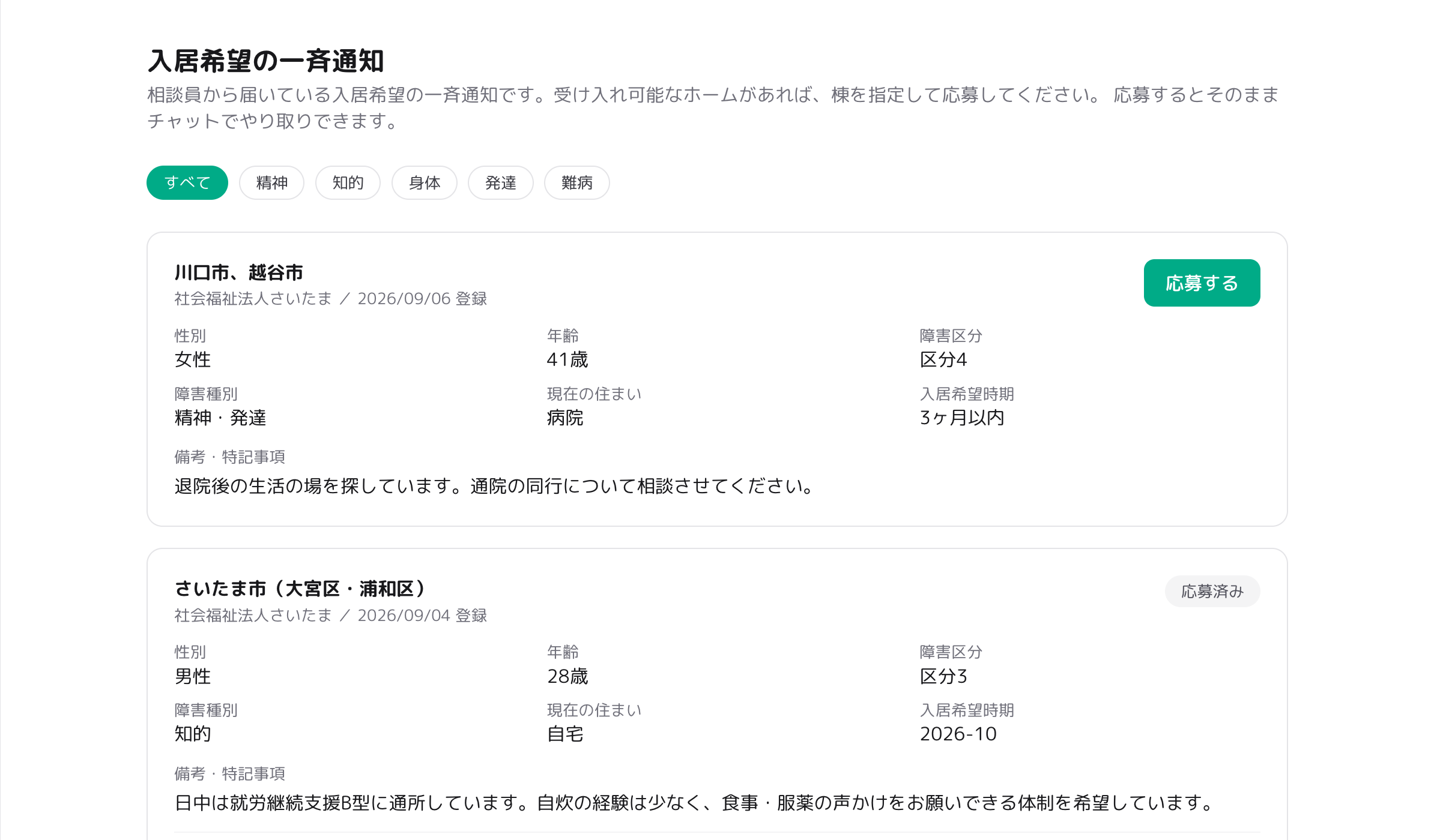 入居希望の一斉通知の一覧